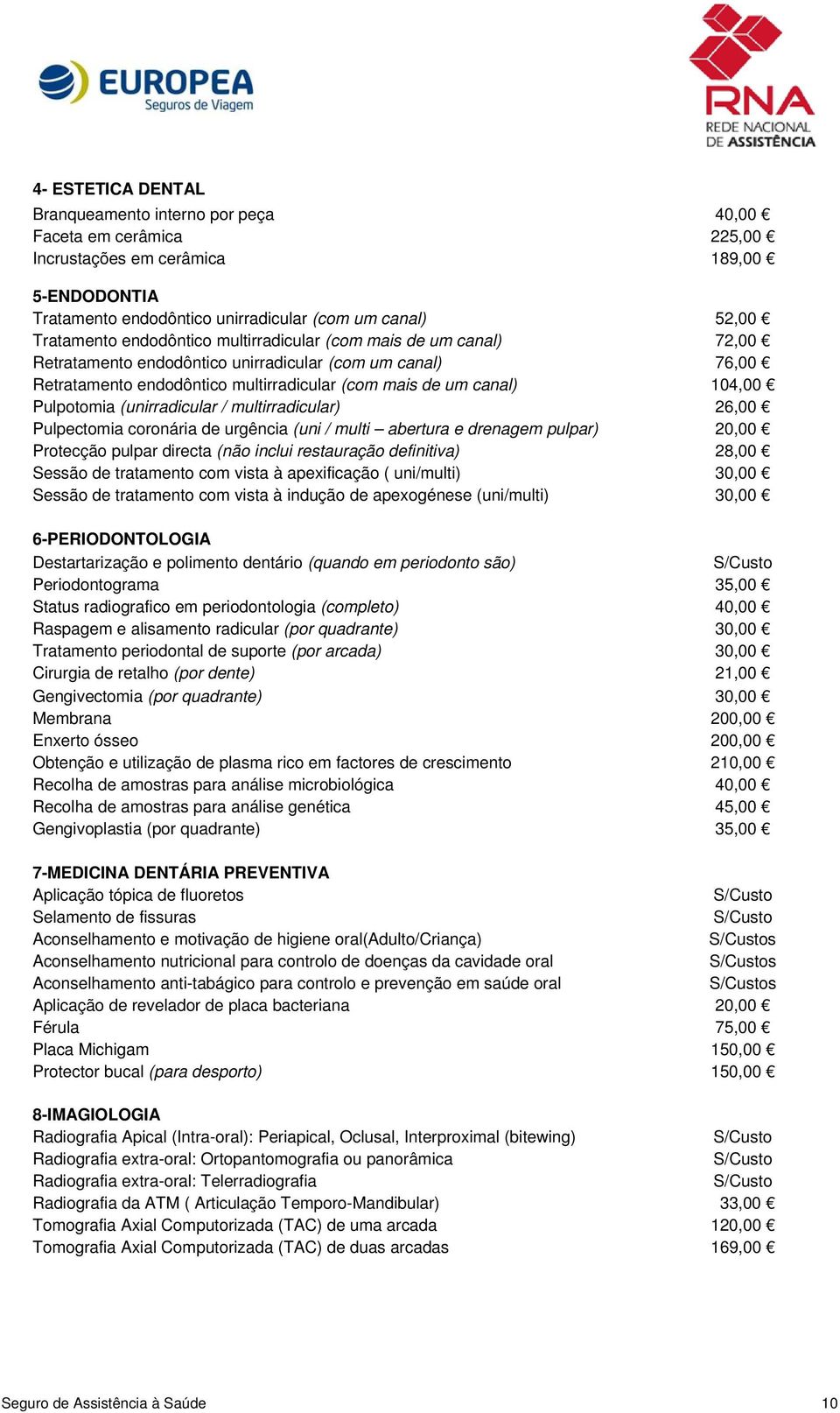 (unirradicular / multirradicular) 26,00 Pulpectomia coronária de urgência (uni / multi abertura e drenagem pulpar) 20,00 Protecção pulpar directa (não inclui restauração definitiva) 28,00 Sessão de