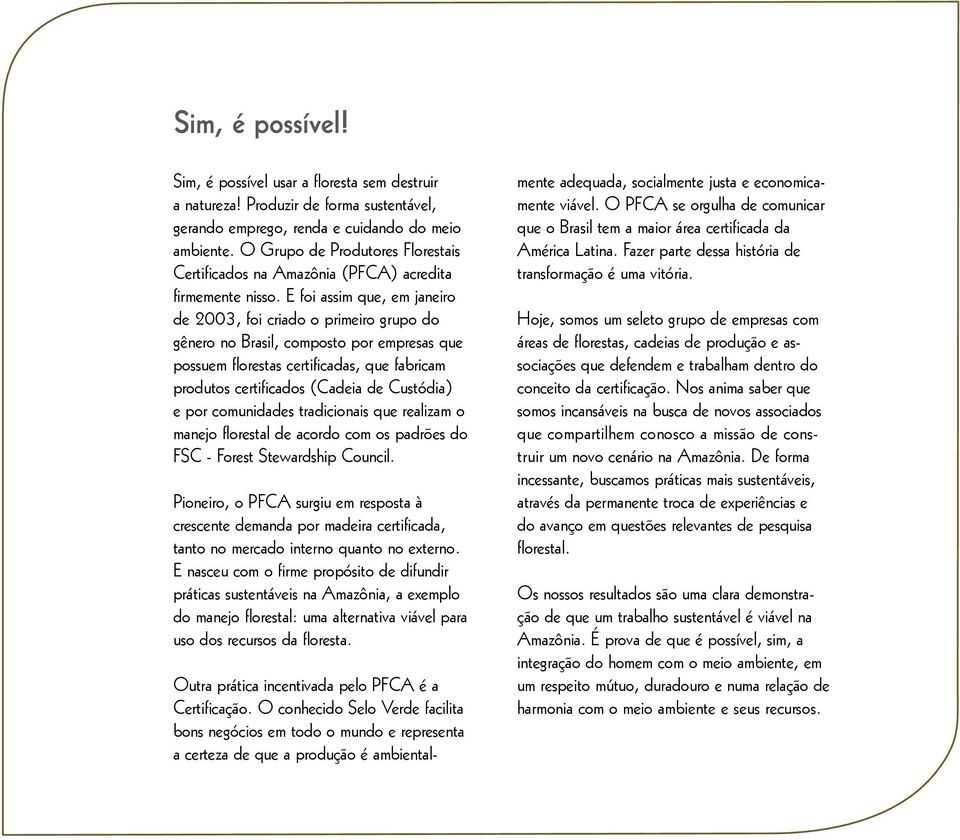 E foi assim que, em janeiro de 2003, foi criado o primeiro grupo do gênero no Brasil, composto por empresas que possuem florestas certificadas, que fabricam produtos certificados (Cadeia de Custódia)