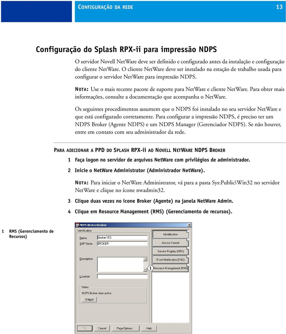 Para obter mais informações, consulte a documentação que acompanha o NetWare. Os seguintes procedimentos assumem que o NDPS foi instalado no seu servidor NetWare e que está configurado corretamente.