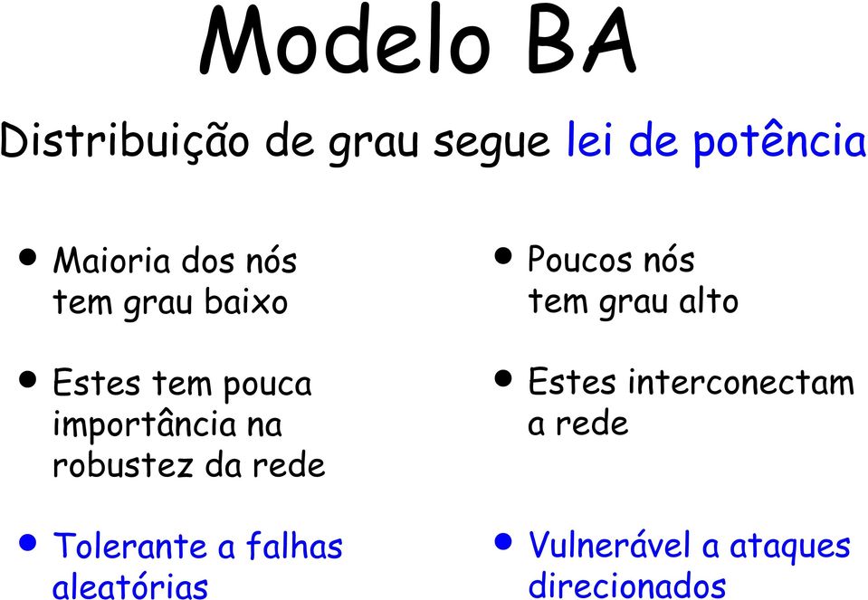 robustez da rede Tolerante a falhas aleatórias Poucos nós tem