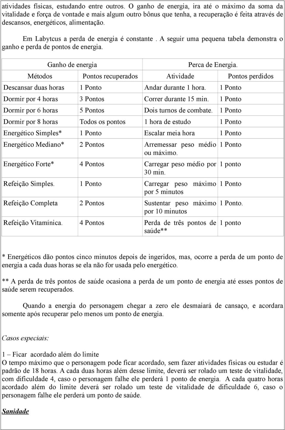 Em Labytcus a perda de energia é constante. A seguir uma pequena tabela demonstra o ganho e perda de pontos de energia. Ganho de energia Perca de Energia.