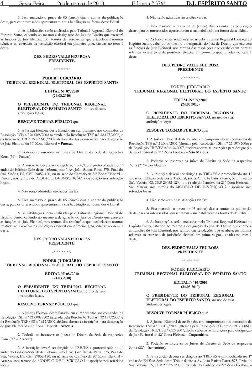 As habilitações serão analisadas pelo Tribunal Regional Eleitoral do Espírito Santo, cabendo ao mesmo a designação do Juiz de Direito que exercerá as funções de Juiz Eleitoral, nos termos das