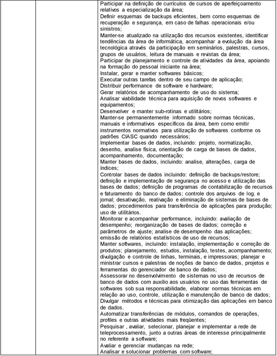 participação em seminários, palestras, cursos, grupos de usuários, leitura de manuais e revistas da área; Participar de planejamento e controle de atividades da área, apoiando na formação do pessoal