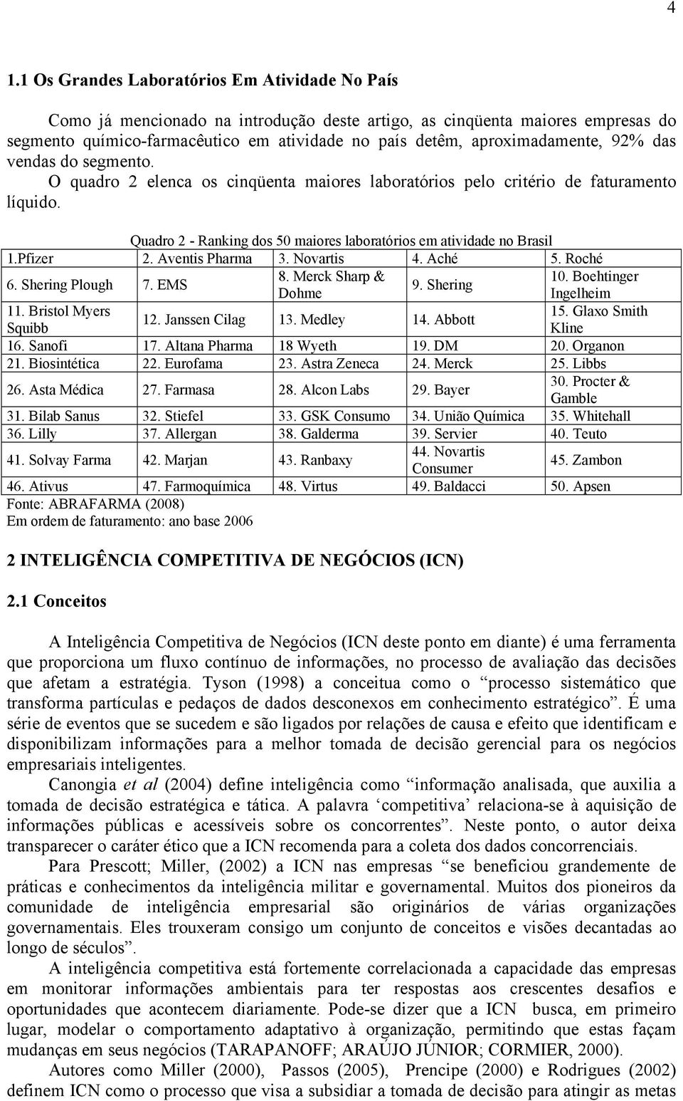 Quadro 2 - Ranking dos 50 maiores laboratórios em atividade no Brasil 1.Pfizer 2. Aventis Pharma 3. Novartis 4. Aché 5. Roché 6. Shering Plough 7. EMS 8. Merck Sharp & 10. Boehtinger 9.