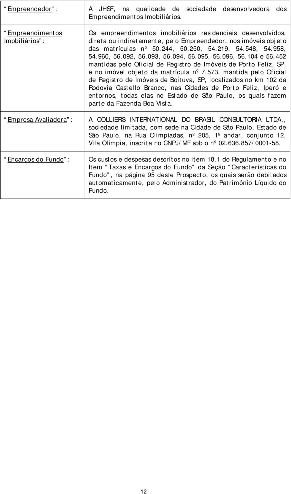 093, 56.094, 56.095, 56.096, 56.104 e 56.452 mantidas pelo Oficial de Registro de Imóveis de Porto Feliz, SP, e no imóvel objeto da matrícula nº 7.