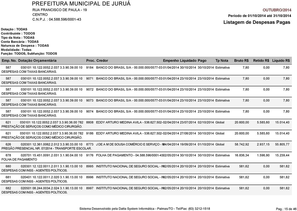 000.000/0577-03 01/04/2014 23/10/2014 23/10/2014 Estimativa 7,80 587 030101 10.122.0052.2.037 3.3.90.39.00 10 9074 BANCO DO BRASIL S/A - 00.000.000/0577-03 01/04/2014 23/10/2014 23/10/2014 Estimativa 7,80 621 030101 10.