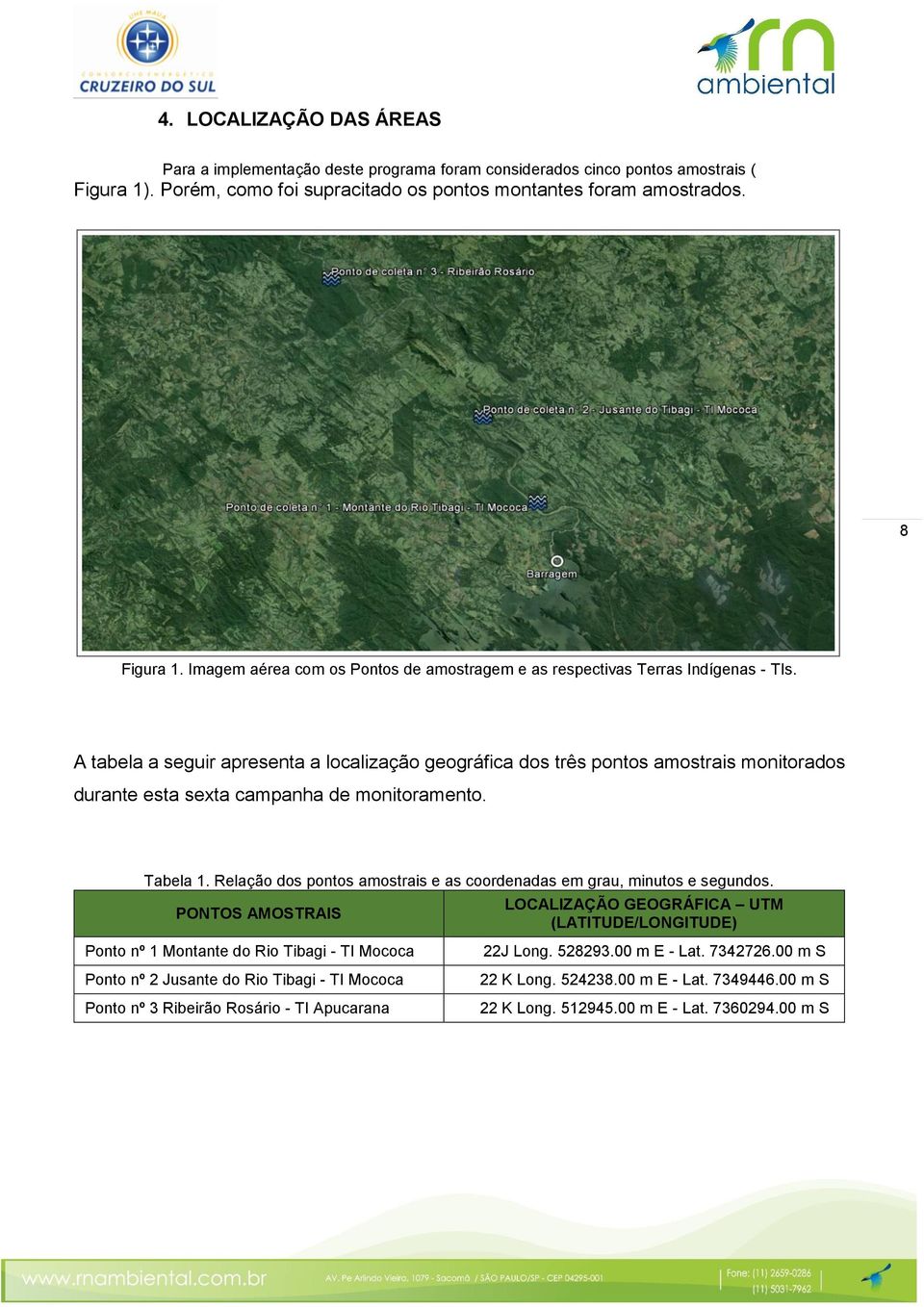 A tabela a seguir apresenta a localização geográfica dos três pontos amostrais monitorados durante esta sexta campanha de monitoramento. Tabela 1.