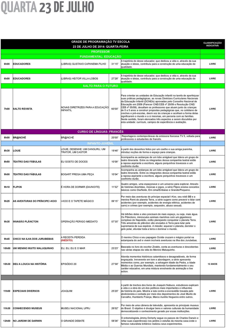 CLASSIFICAÇÃO INDICATIVA 6h00 EDUCADORES (LIBRAS) HEITOR VILLA-LOBOS 27 28 SALTO PARA O FUTURO A trajetória de desse educador, que  7h00 SALTO REVISTA NOVAS DIRETRIZES PARA A EDUCAÇÃO INFANTIL 60 00