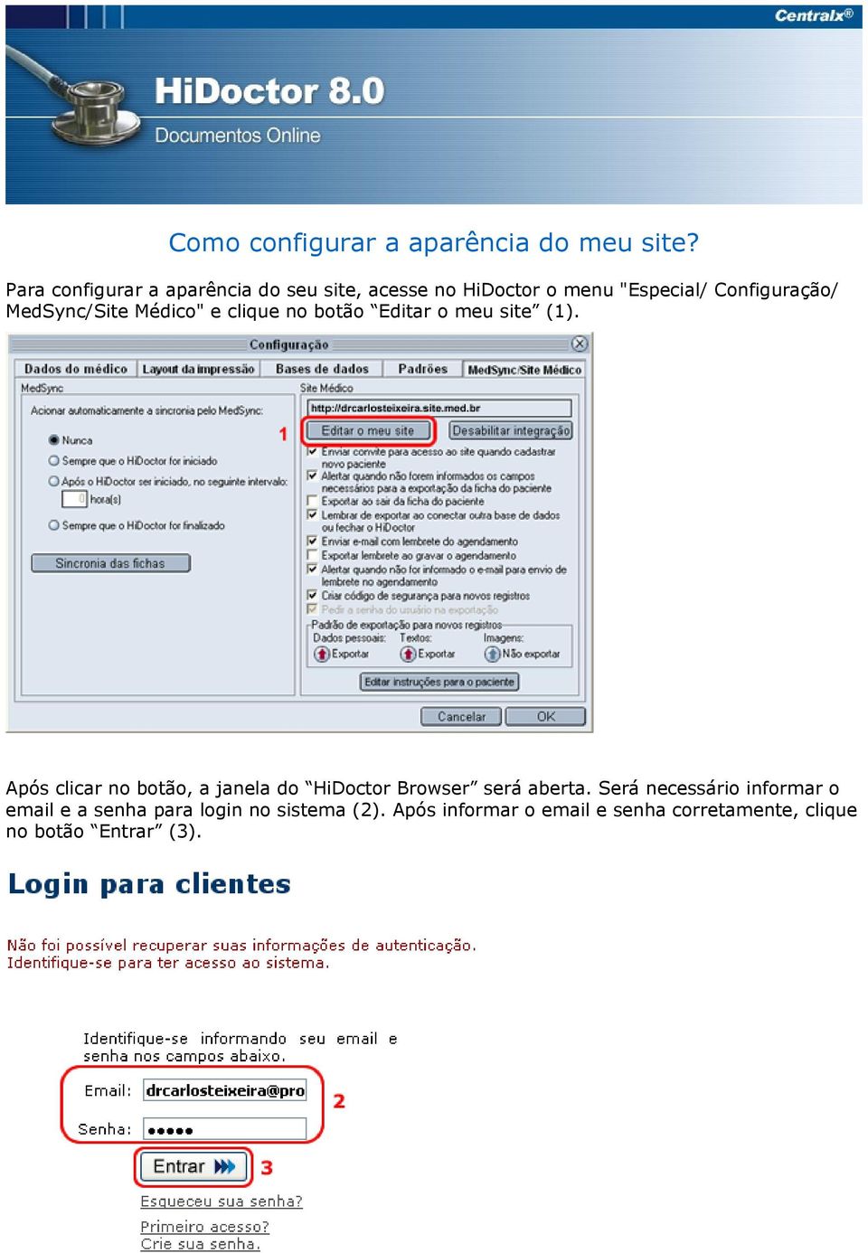 MedSync/Site Médico" e clique no botão Editar o meu site (1).