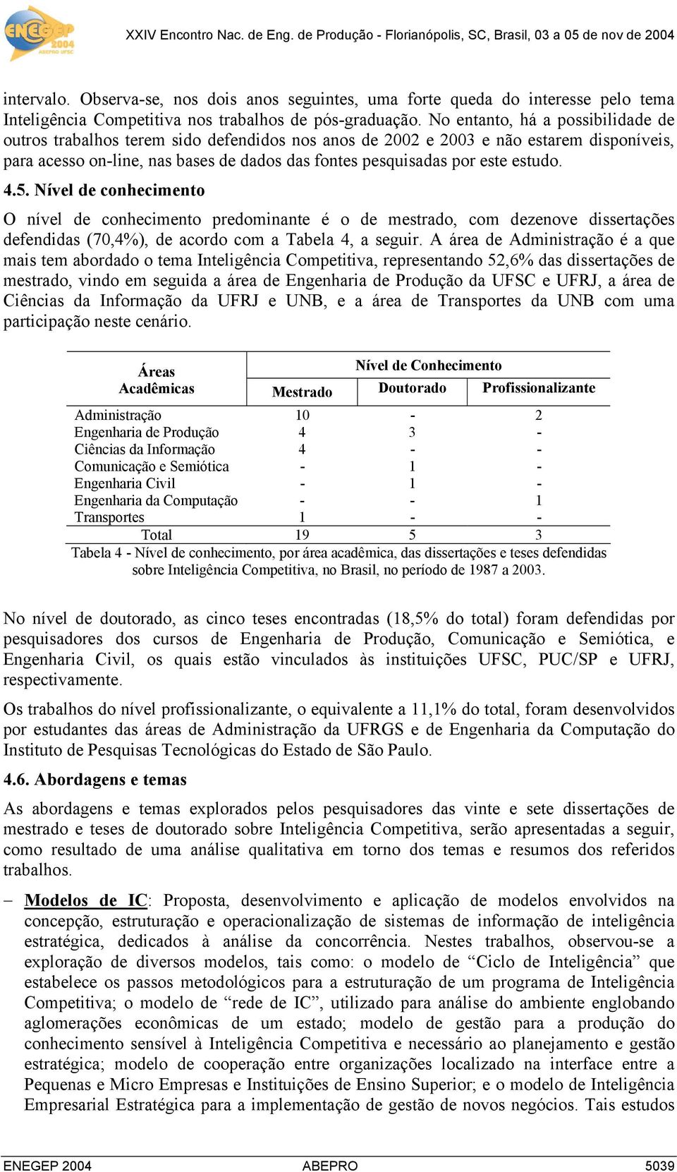 estudo. 4.5. Nível de conhecimento O nível de conhecimento predominante é o de mestrado, com dezenove dissertações defendidas (70,4%), de acordo com a Tabela 4, a seguir.