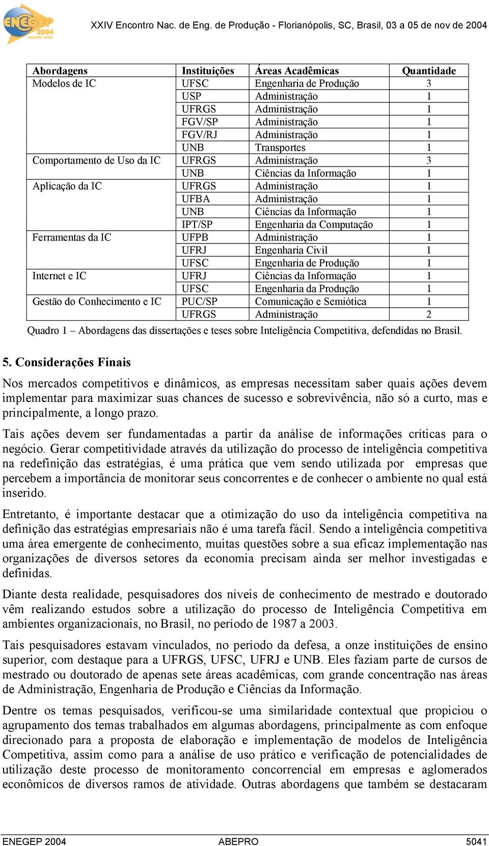 1 Ferramentas da IC UFPB Administração 1 UFRJ Engenharia Civil 1 UFSC Engenharia de Produção 1 Internet e IC UFRJ Ciências da Informação 1 UFSC Engenharia da Produção 1 Gestão do Conhecimento e IC