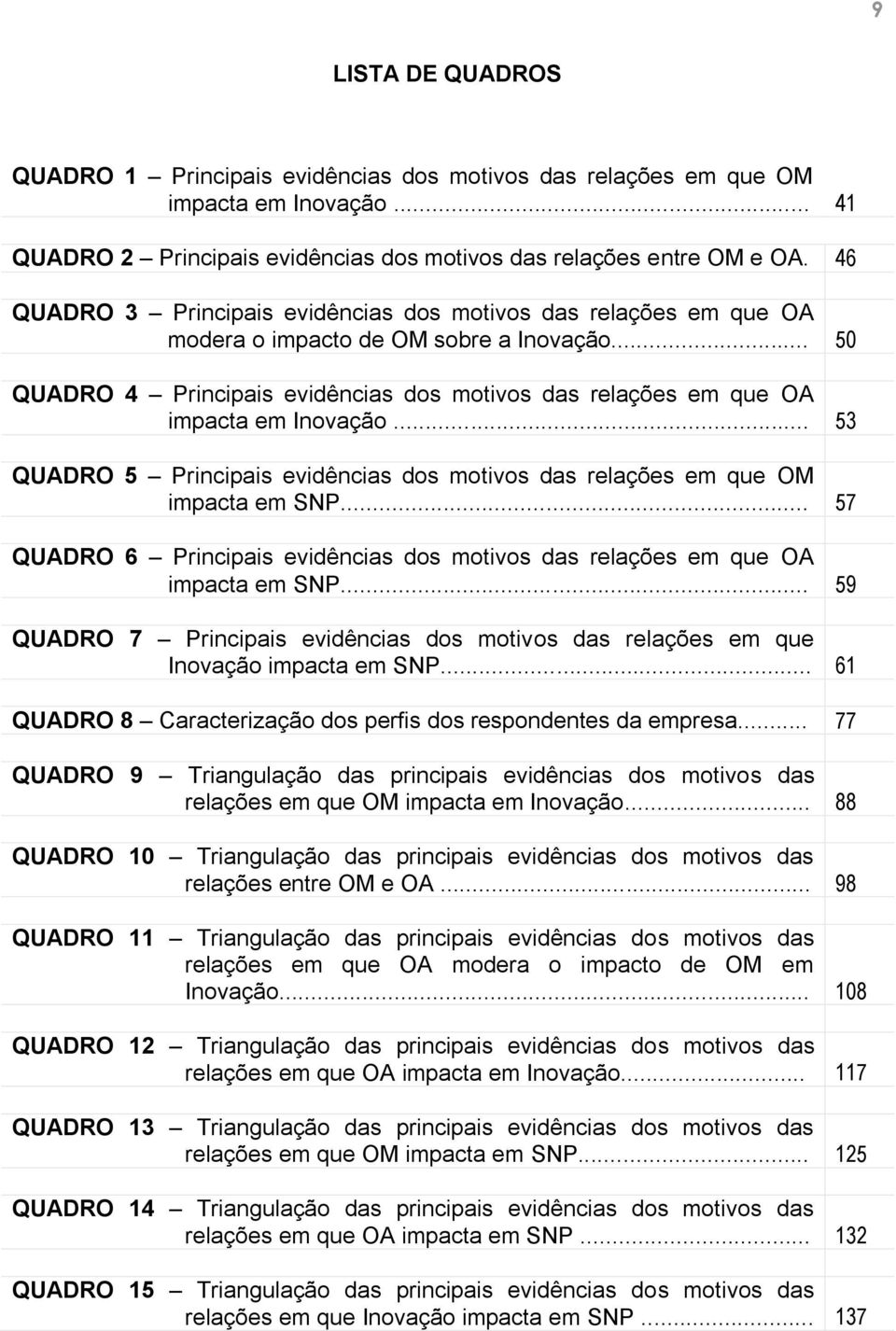 .. 53 QUADRO 5 Principais evidências dos motivos das relações em que OM impacta em SNP... 57 QUADRO 6 Principais evidências dos motivos das relações em que OA impacta em SNP.