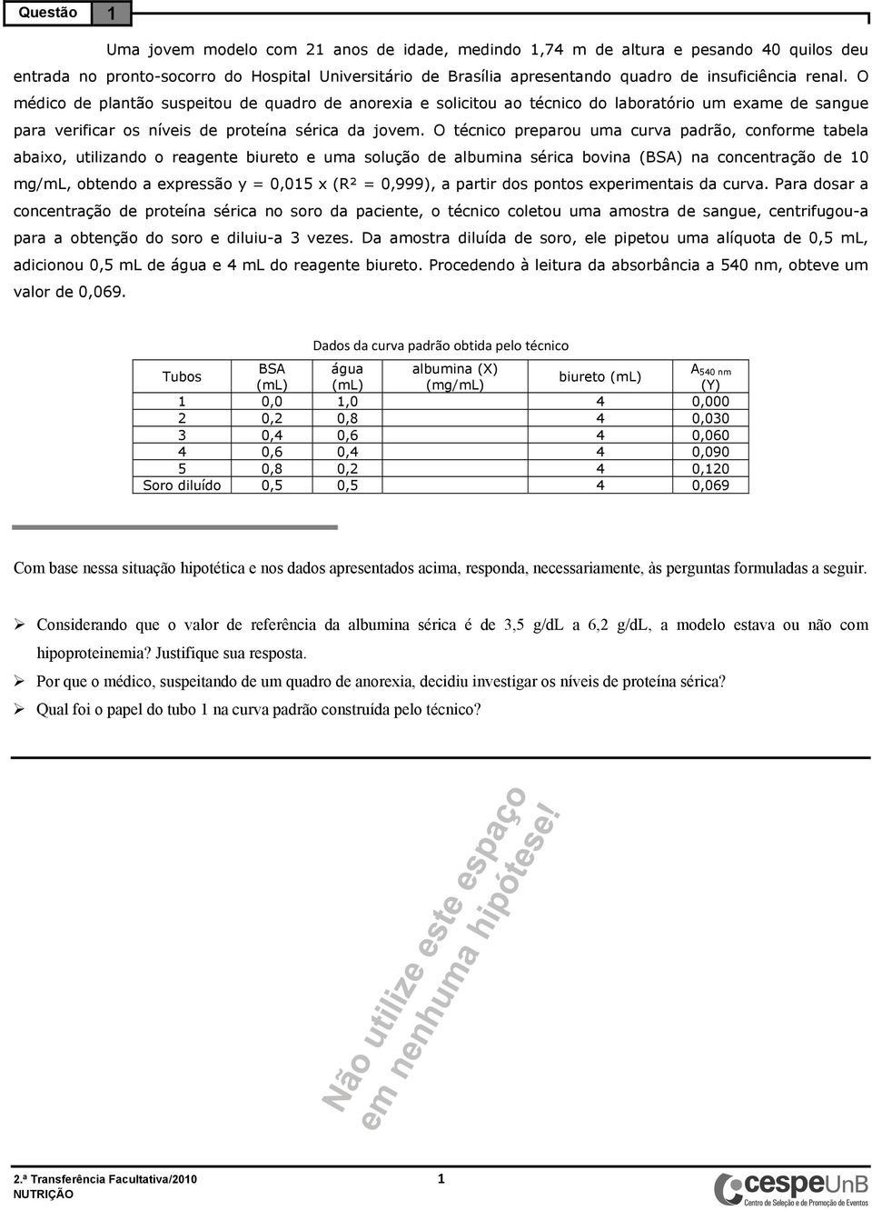 O técnico preparou uma curva padrão, conforme tabela abaixo, utilizando o reagente biureto e uma solução de albumina sérica bovina (BSA) na concentração de 10 mg/ml, obtendo a expressão y = 0,015 x