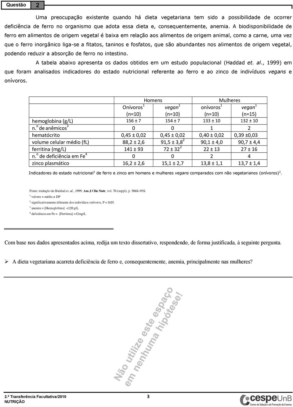 são abundantes nos alimentos de origem vegetal, podendo reduzir a absorção de ferro no intestino. A tabela abaixo apresenta os dados obtidos em um estudo populacional (Haddad et. al., 1999) em que foram analisados indicadores do estado nutricional referente ao ferro e ao zinco de indivíduos vegans e onívoros.