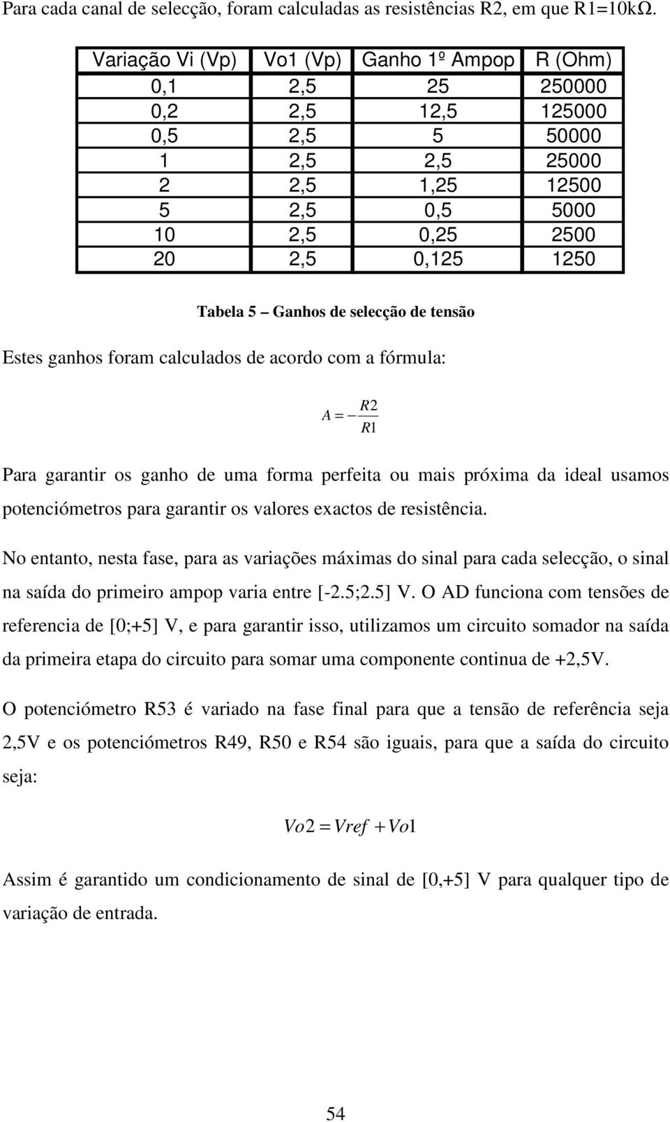 Ganhos de selecção de tensão Estes ganhos foram calculados de acordo com a fórmula: R2 A = R1 Para garantir os ganho de uma forma perfeita ou mais próxima da ideal usamos potenciómetros para garantir