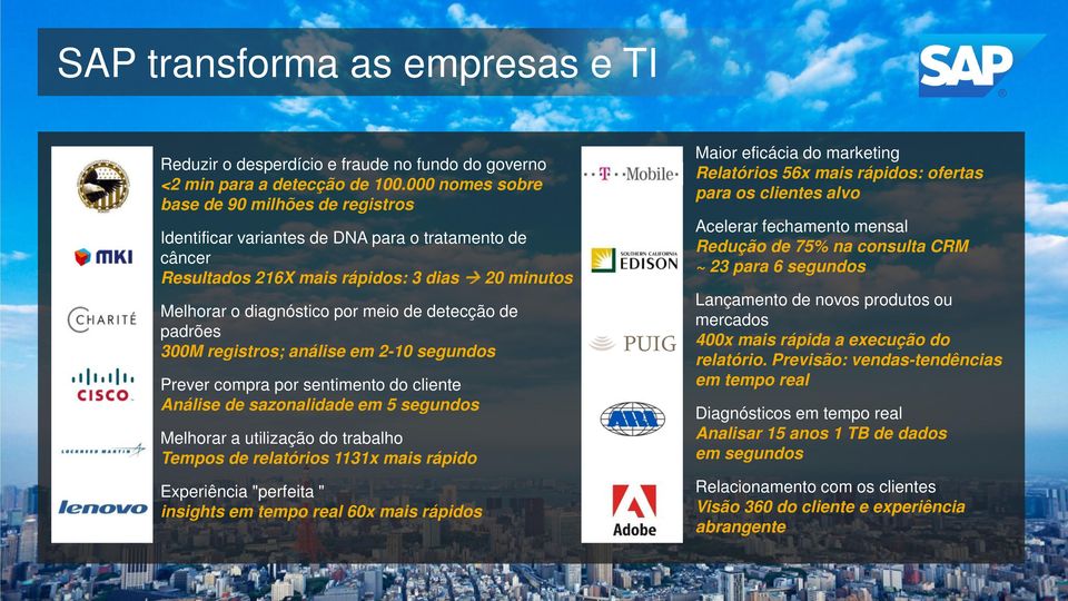 padrões 300M registros; análise em 2-10 segundos Prever compra por sentimento do cliente Análise de sazonalidade em 5 segundos Melhorar a utilização do trabalho Tempos de relatórios 1131x mais rápido