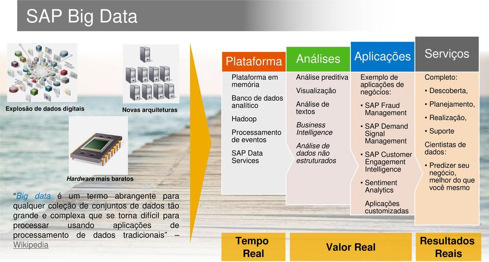 SAP Data Services Tempo Real Análise preditiva Visualização Análise de textos Business Intelligence Análise de dados não estruturados Valor Real Exemplo de aplicações de negócios: SAP Fraud