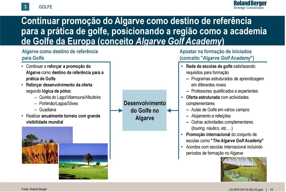 Lago/Vilamoura/Albufeira Portimão/Lagoa/Silves Guadiana Realizar anualmente torneio com grande visibilidade mundial Desenvolvimento do Golfe no Algarve Apostar na formação de iniciados (conceito