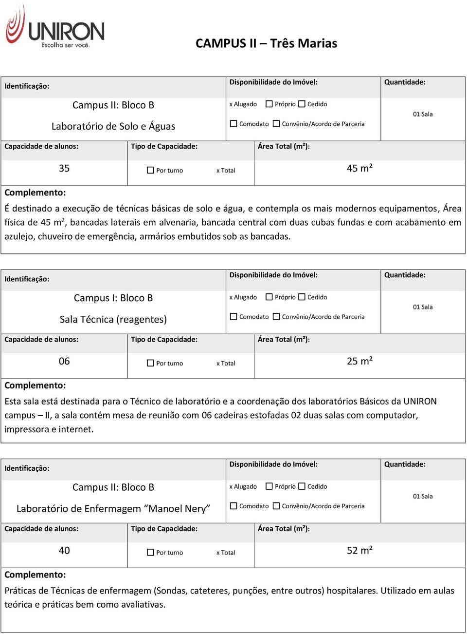 Campus I: Bloco B Sala Técnica (reagentes) 06 Por turno x Total 25 m² Esta sala está destinada para o Técnico de laboratório e a coordenação dos laboratórios Básicos da UNIRON campus II, a sala