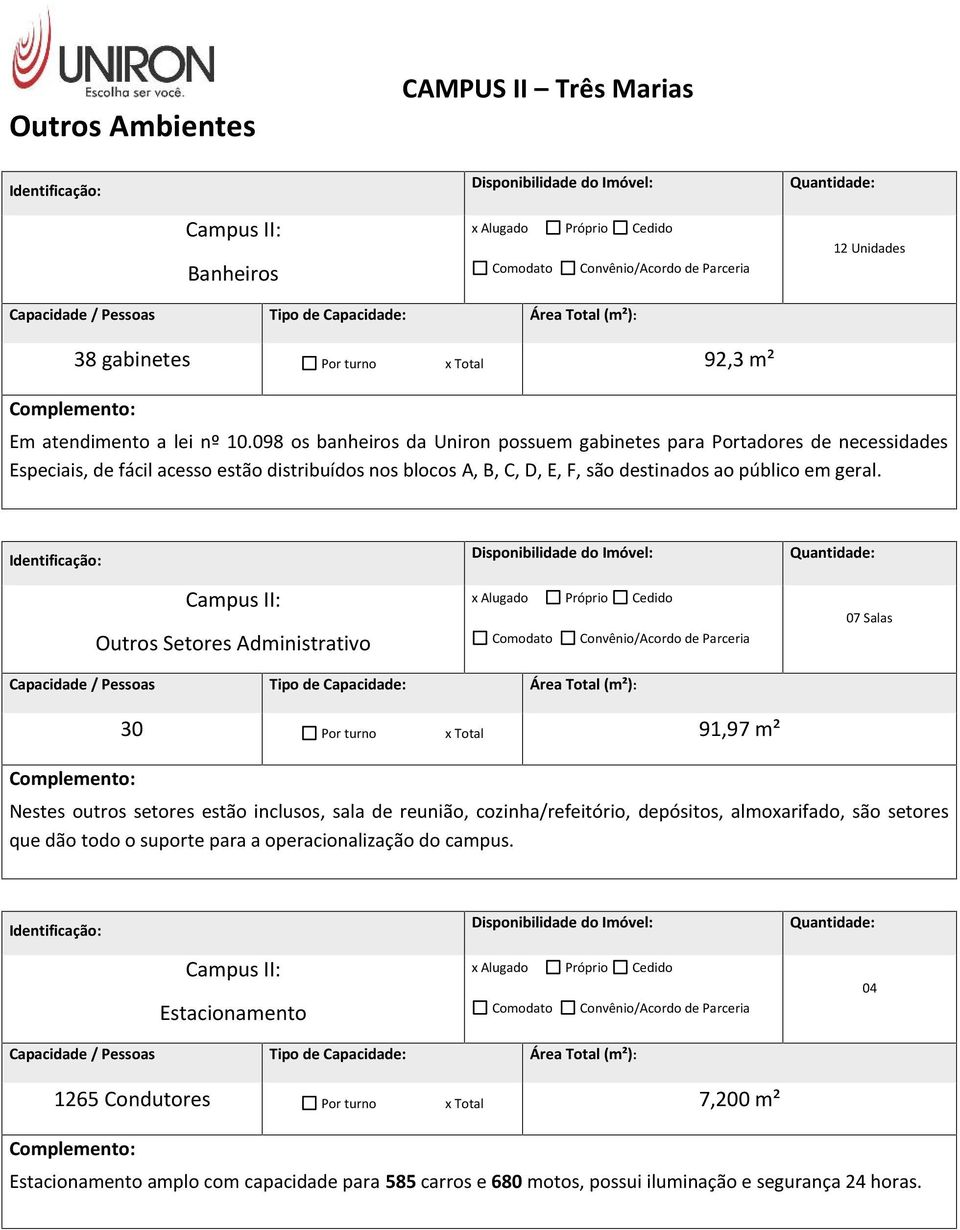 Campus II: Outros Setores Administrativo 07 Salas 30 Por turno x Total 91,97 m² Nestes outros setores estão inclusos, sala de reunião, cozinha/refeitório, depósitos, almoxarifado, são