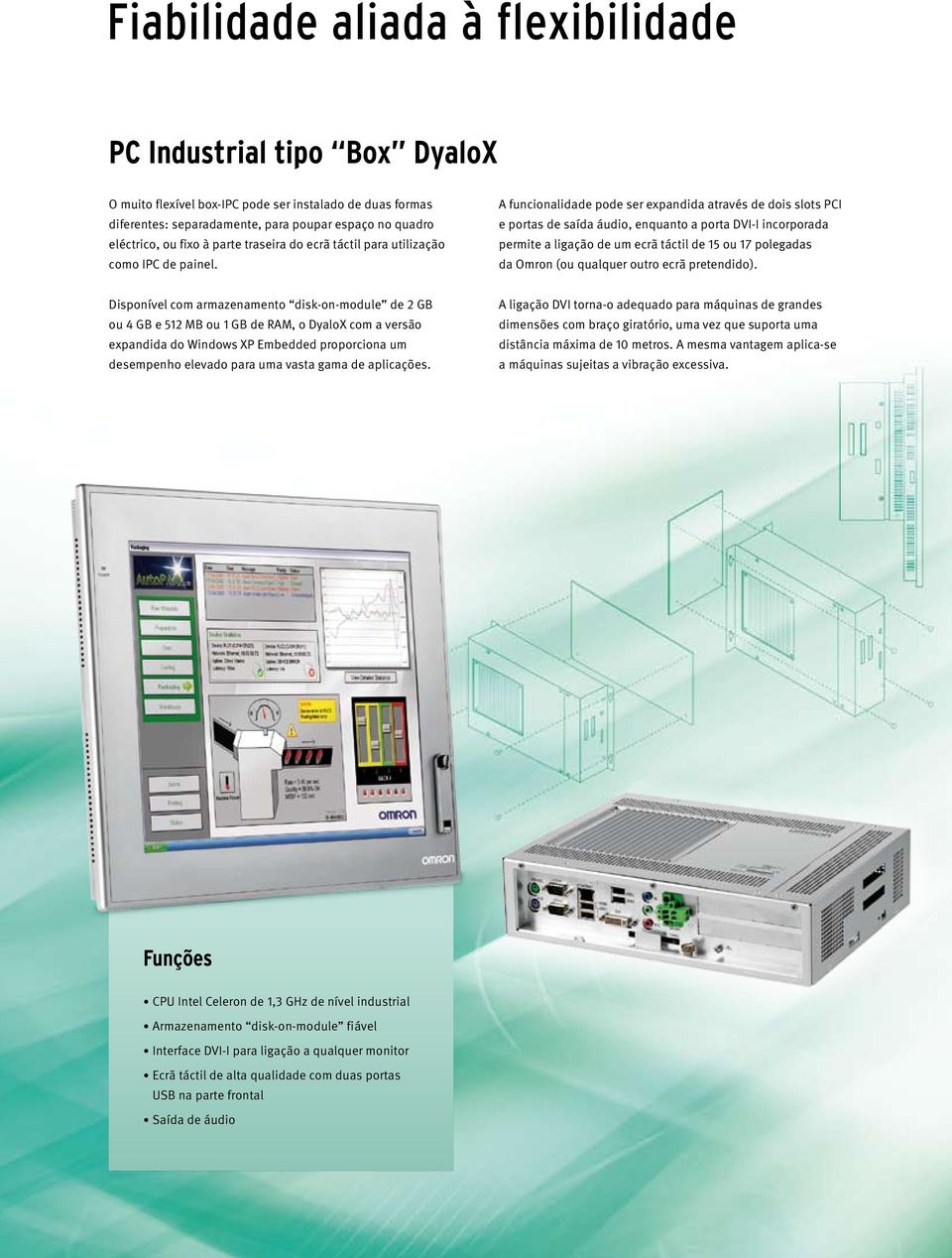 A funcionalidade pode ser expandida através de dois slots PCI e portas de saída áudio, enquanto a porta DVI-I incorporada permite a ligação de um ecrã táctil de 15 ou 17 polegadas da Omron (ou
