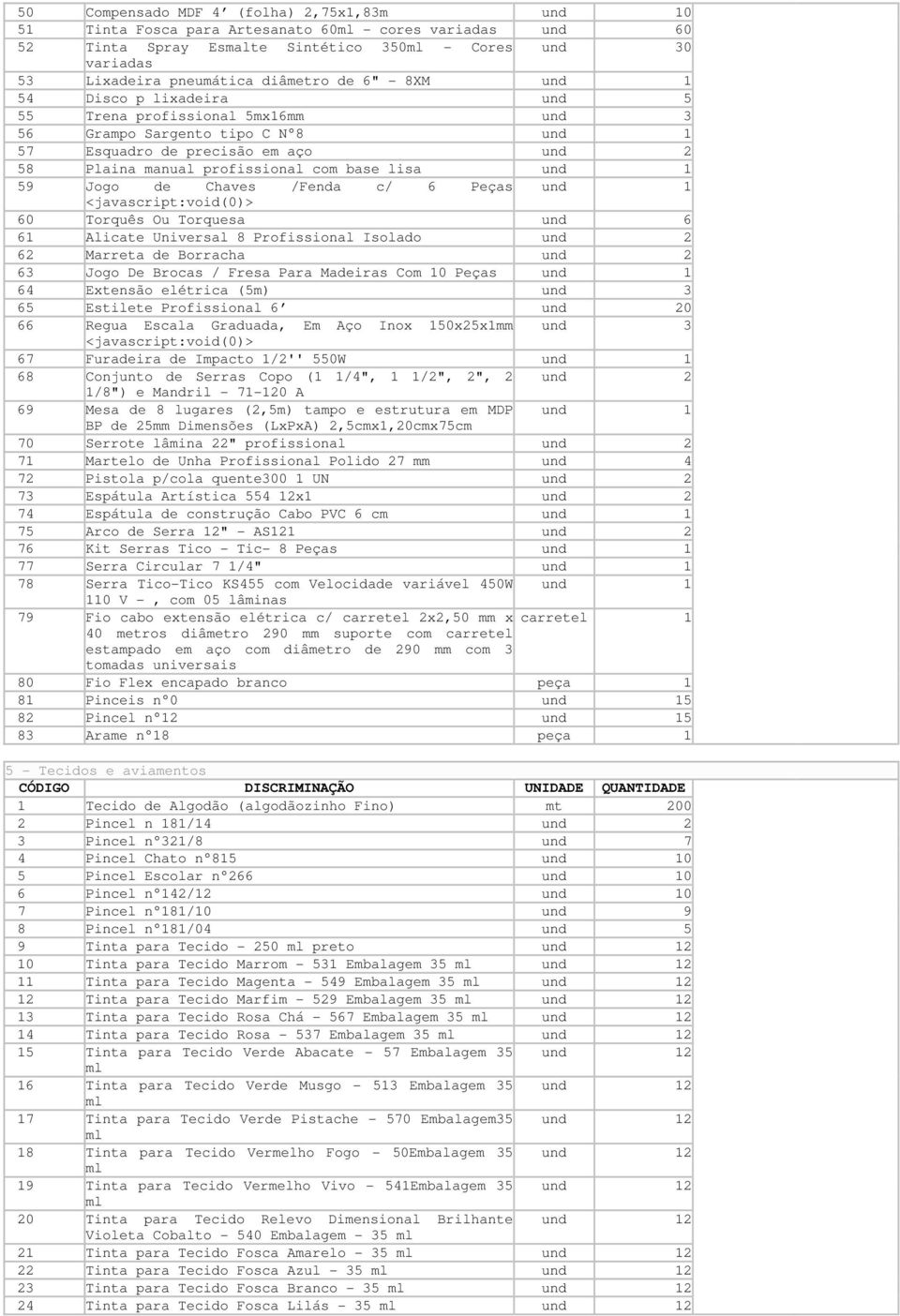 base lisa und 1 59 Jogo de Chaves /Fenda c/ 6 Peças und 1 <javascript:void(0)> 60 Torquês Ou Torquesa und 6 61 Alicate Universal 8 Profissional Isolado und 2 62 Marreta de Borracha und 2 63 Jogo De