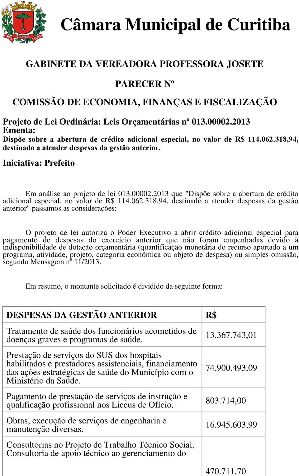 Iniciativa: Prefeito Em análise ao projeto de lei 013.00002.2013 que "Dispõe sobre a abertura de crédito adicional especial, no valor de R$ 114.062.