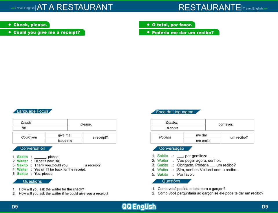 D9 por favor. A conta 1. Sakito 2. Waiter 3. Sakito 4. Waiter 5. Sakito me dar Poderia me emitir um recibo? 1. Sakito 2. Waiter 3. Sakito 4. Waiter 5. Sakito : : : : :, por gentileza.