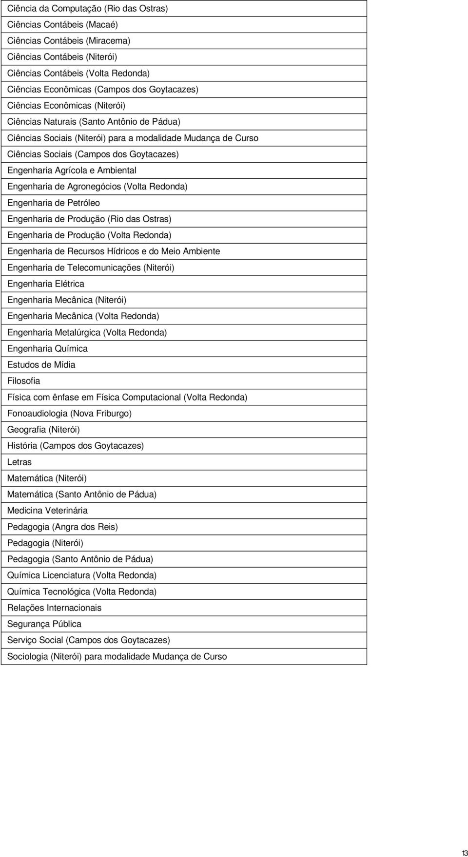 Petróleo Engenharia de Produção (Rio das Ostras) Engenharia de Produção (Volta Redonda) Engenharia de Recursos Hídricos e do Meio Ambiente Engenharia de Telecomunicações (Niterói) Engenharia Elétrica