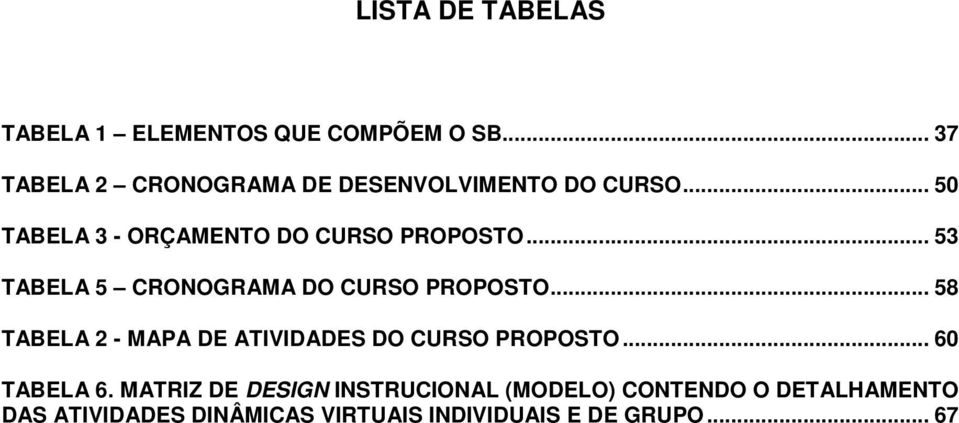 .. 53 TABELA 5 CRONOGRAMA DO CURSO PROPOSTO... 58 TABELA 2 - MAPA DE ATIVIDADES DO CURSO PROPOSTO.