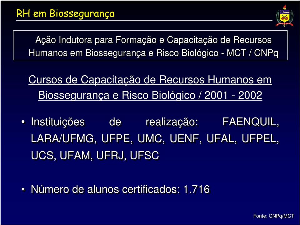 Risco Biológico / 2001-2002 Instituições de realização: FAENQUIL, LARA/UFMG, UFPE, UMC,