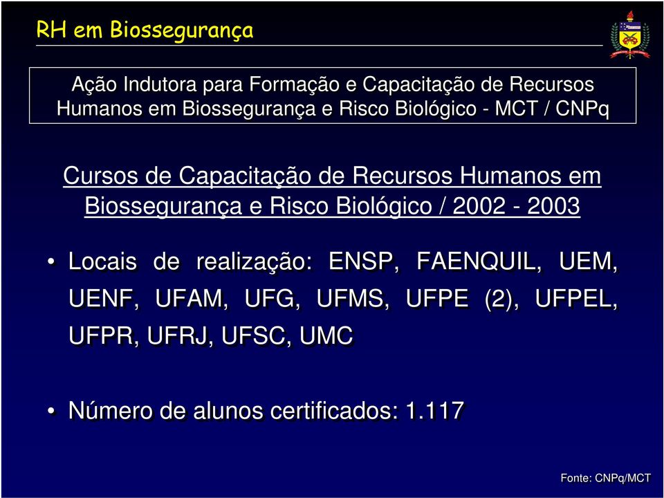 Risco Biológico / 2002-2003 Locais de realização: ENSP, FAENQUIL, UEM, UENF, UFAM, UFG,