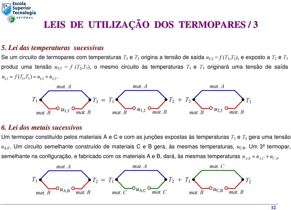 circuito às temperaturas 1 e 3 originará uma tensão de saída u = f(, ) = u + u. 1,3 1 3 1,2 2,3 mat. A mat. A mat. A 3 = 2 + 1 u 1,3 mat. B mat. B 1 u 1,2 3 mat. B mat. B 2 u 2,3 mat. B mat. B 6.