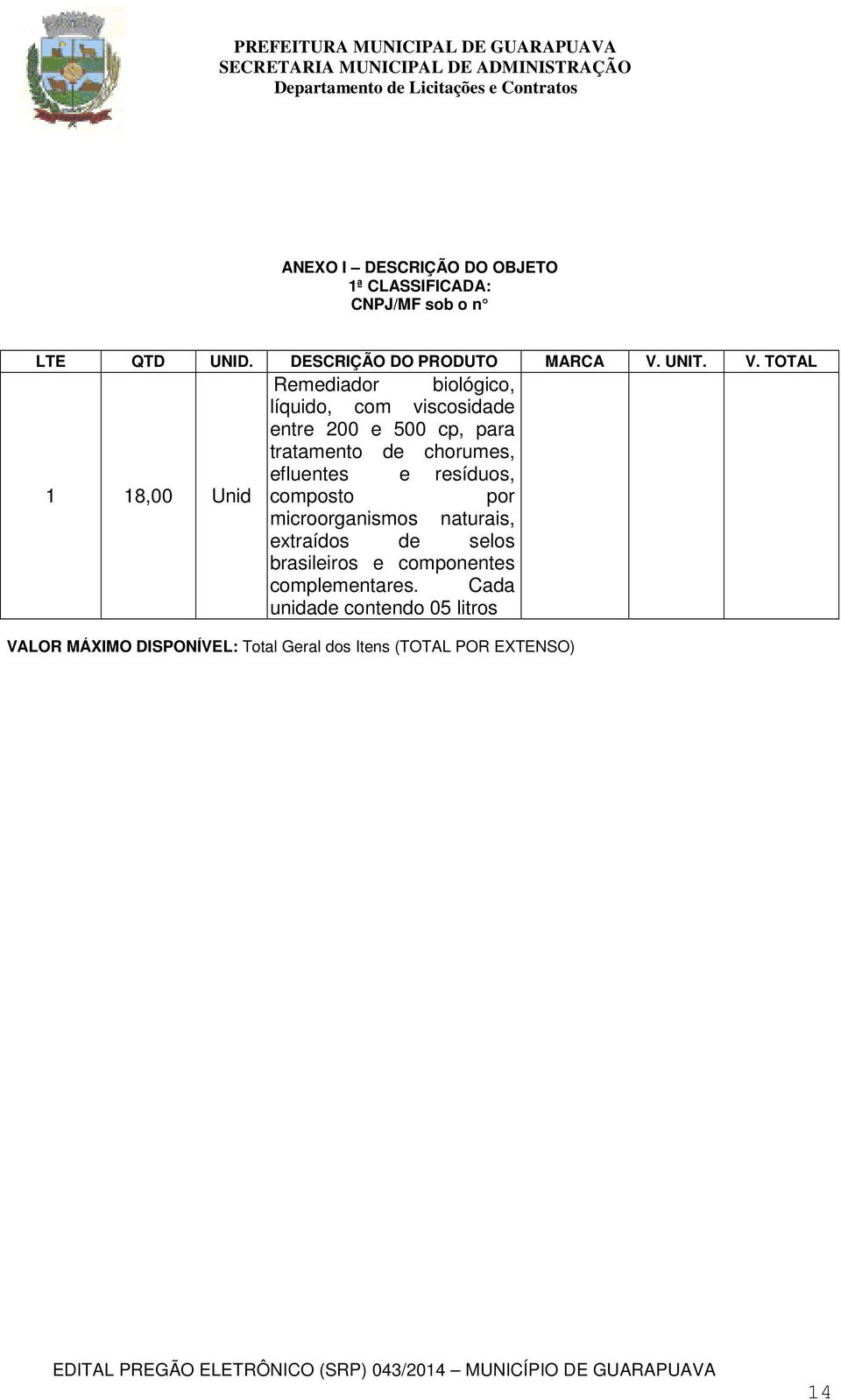 TOTAL 1 18,00 Unid Remediador biológico, líquido, com viscosidade entre 200 e 500 cp, para tratamento de