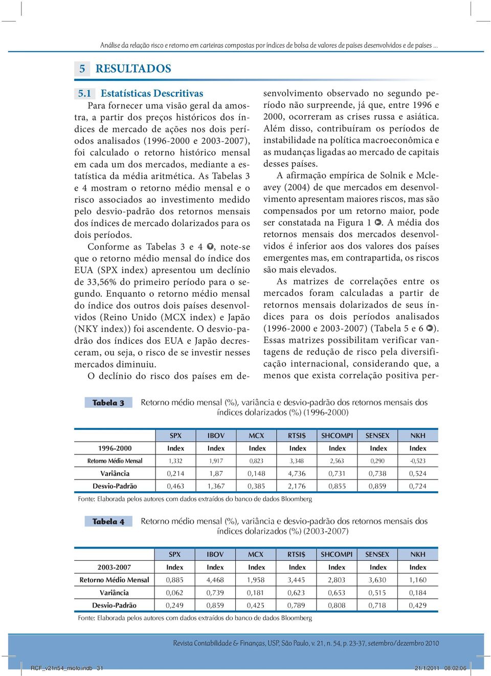 o retorno histórico mensal em cada um dos mercados, mediante a estatística da média aritmética.