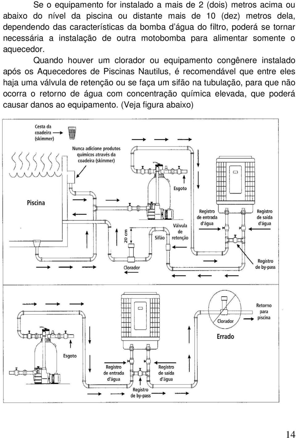 Quando houver um clorador ou equipamento congênere instalado após os Aquecedores de Piscinas Nautilus, é recomendável que entre eles haja uma válvula de