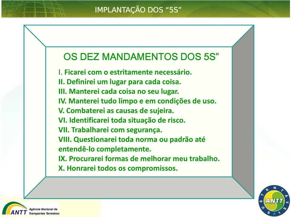 Manterei tudo limpo e em condições de uso. V. Combaterei as causas de sujeira. VI.