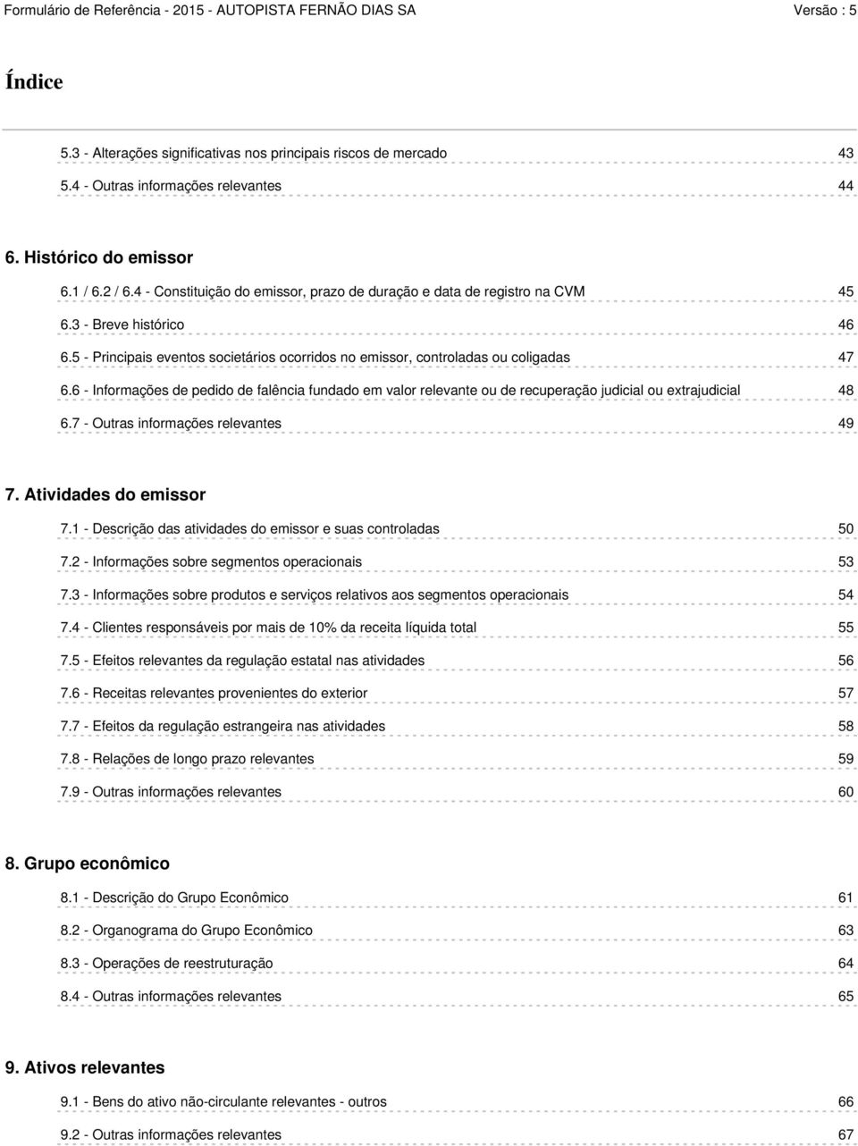 6 - Informações de pedido de falência fundado em valor relevante ou de recuperação judicial ou extrajudicial 48 6.7 - Outras informações relevantes 49 7. Atividades do emissor 7.