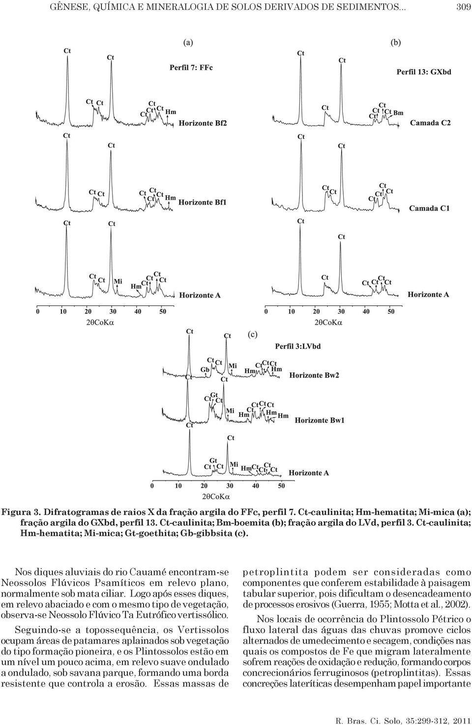 Ct-caulinita; Hm-hematita; Mi-mica; Gt-goethita; Gb-gibbsita (c). Nos diques aluviais do rio Cauamé encontram-se Neossolos Flúvicos Psamíticos em relevo plano, normalmente sob mata ciliar.