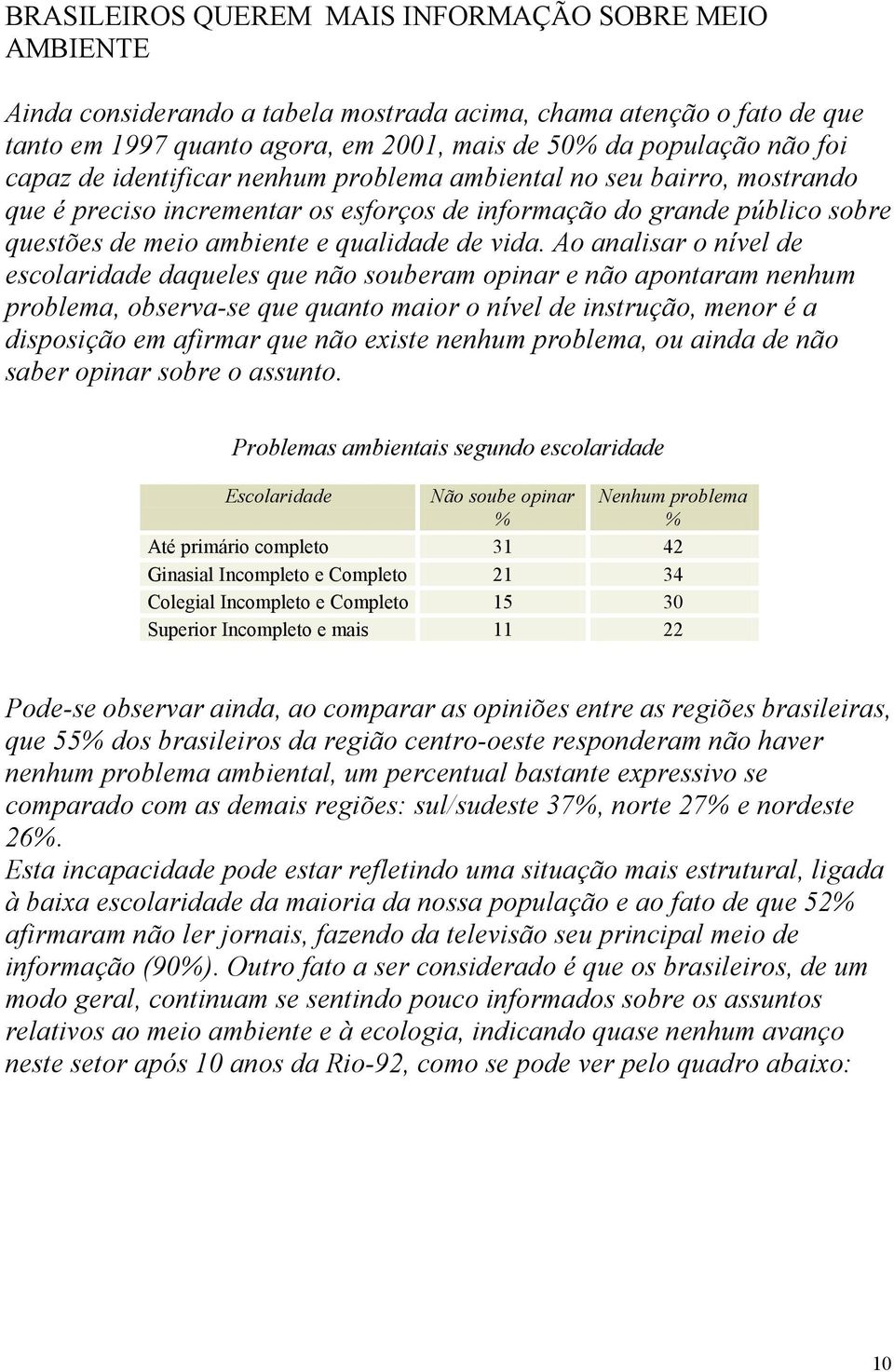 Ao analisar o nível de escolaridade daqueles que não souberam opinar e não apontaram nenhum problema, observa-se que quanto maior o nível de instrução, menor é a disposição em afirmar que não existe