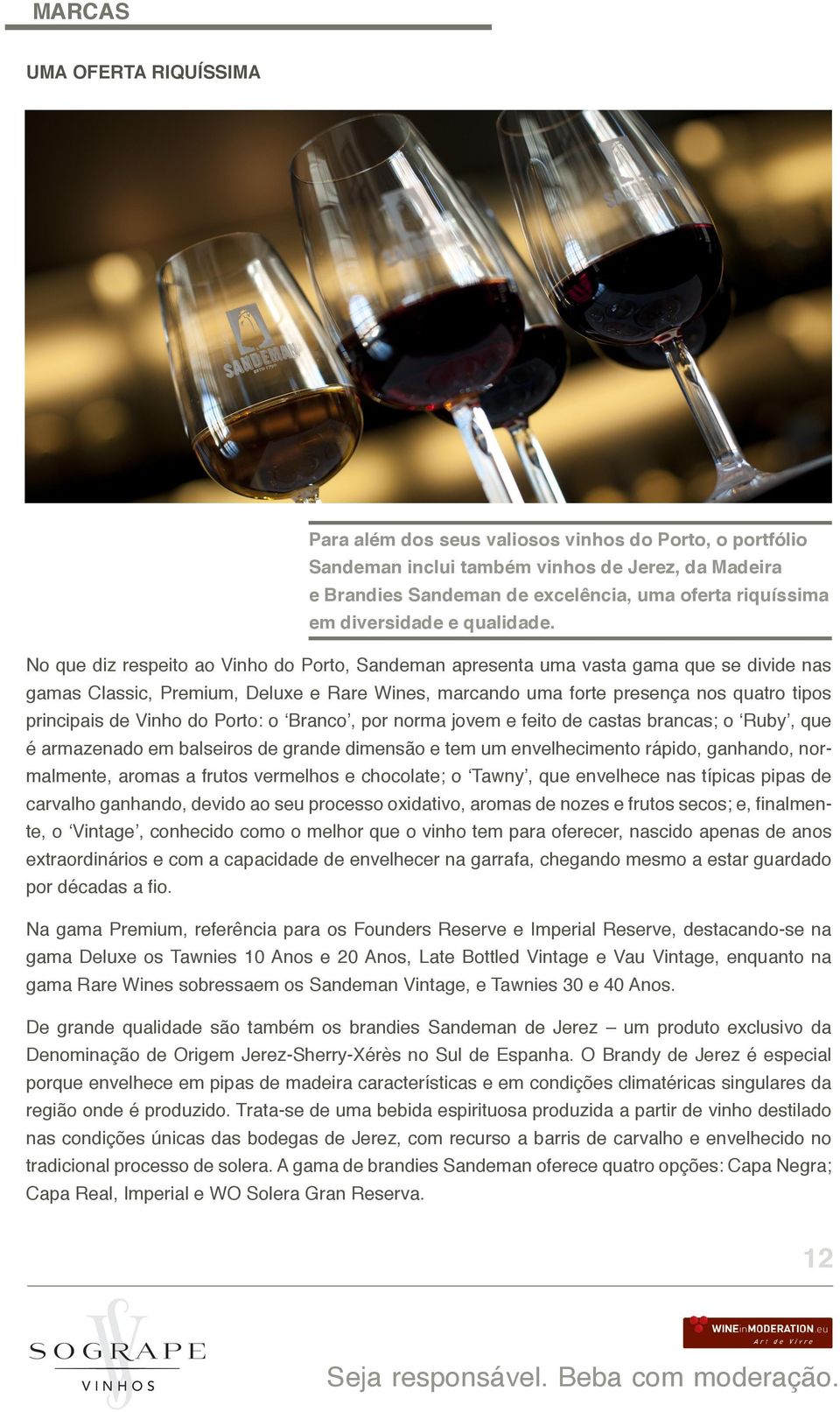 No que diz respeito ao Vinho do Porto, Sandeman apresenta uma vasta gama que se divide nas gamas Classic, Premium, Deluxe e Rare Wines, marcando uma forte presença nos quatro tipos principais de