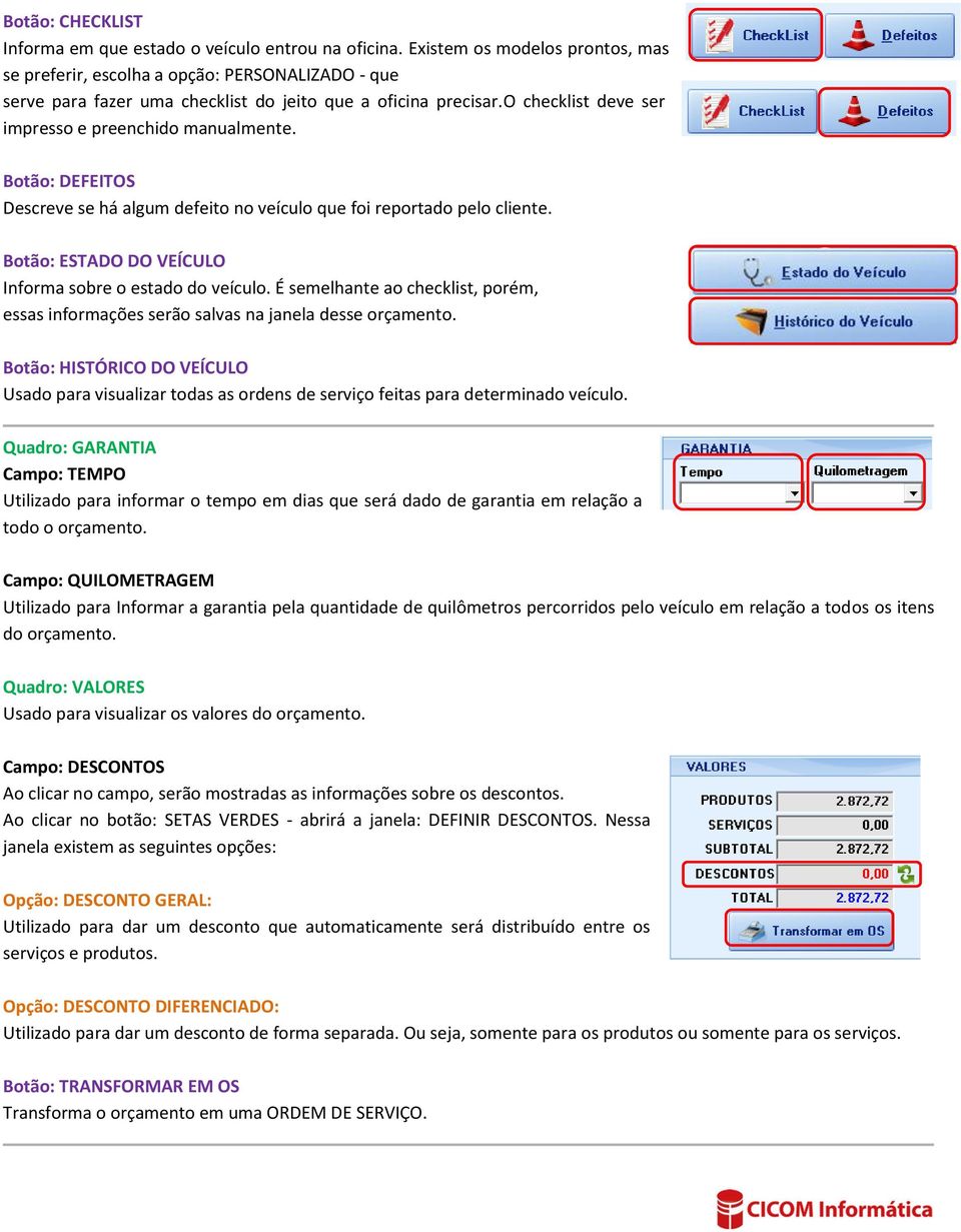 Botão: DEFEITOS Descreve se há algum defeito no veículo que foi reportado pelo cliente. Botão: ESTADO DO VEÍCULO Informa sobre o estado do veículo.