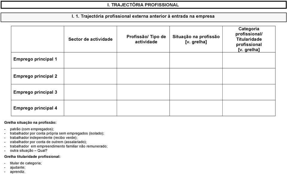 profissional Emprego principal 1 Emprego principal 2 Emprego principal 3 Emprego principal 4 Grelha situação na profissão: - patrão (com empregados); - trabalhador