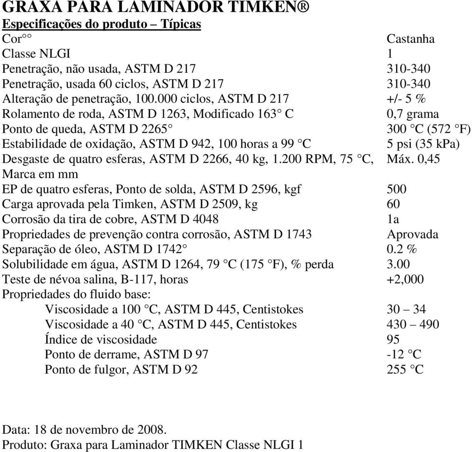 000 ciclos, ASTM D 217 +/- 5 % Rolamento de roda, ASTM D 1263, Modificado 163 C 0,7 grama Ponto de queda, ASTM D 2265 300 C (572 F) Estabilidade de oxidação, ASTM D 942, 100 horas a 99 C 5 psi (35