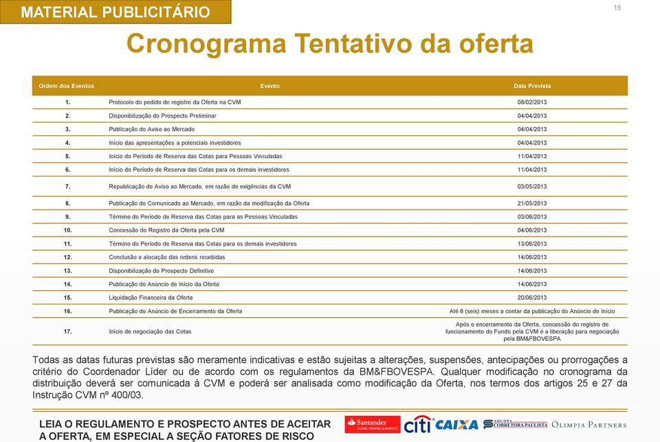 Início do Período de Reserva das Cotas para os demais investidores 11/04/2013 7. Republicação do Aviso ao Mercado, em razão de exigências da CVM 03/05/2013 8.