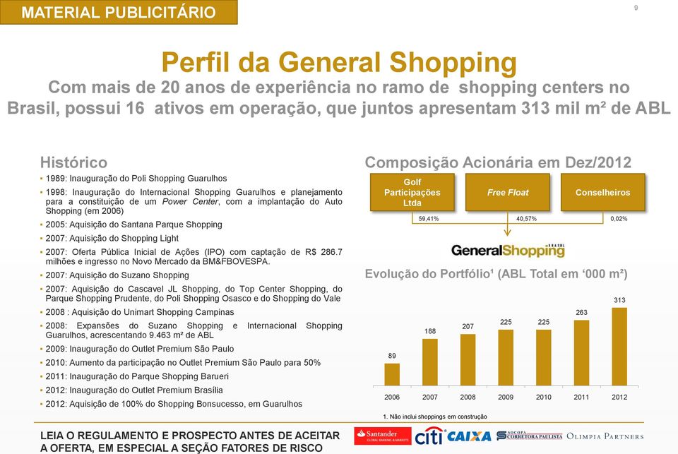 Aquisição do Santana Parque Shopping 2007: Aquisição do Shopping Light 2007: Oferta Pública Inicial de Ações (IPO) com captação de R$ 286.7 milhões e ingresso no Novo Mercado da BM&FBOVESPA.