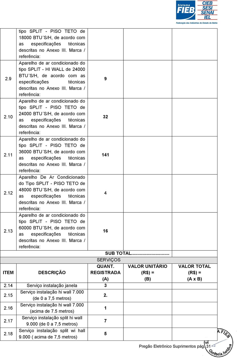 REGISTRADA (A).4 Serviço instalação janela 3.5 Serviço instalação hi wall 7.000 (de 0 a 7,5 metros)..6 Serviço instalação hi wall 7.000 (acima de 7.5 metros).7 Serviço instalação split hi wall 9.