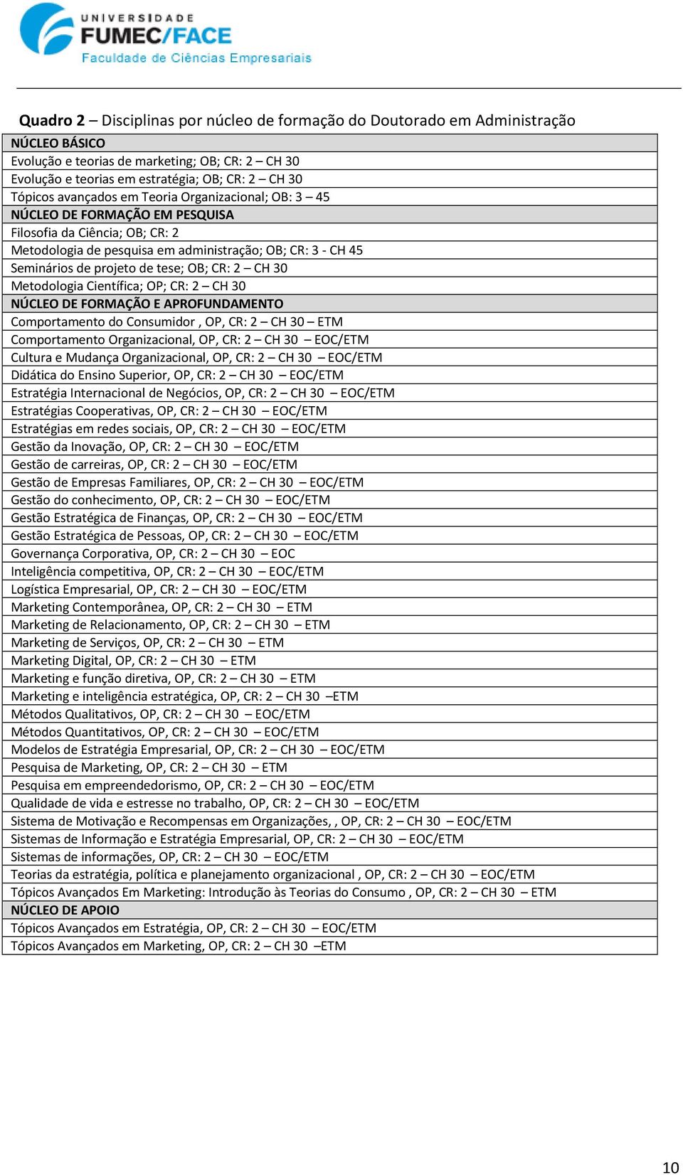 OB; CR: 2 CH 30 Metodologia Científica; OP; CR: 2 CH 30 NÚCLEO DE FORMAÇÃO E APROFUNDAMENTO Comportamento do Consumidor, OP, CR: 2 CH 30 ETM Comportamento Organizacional, OP, CR: 2 CH 30 EOC/ETM