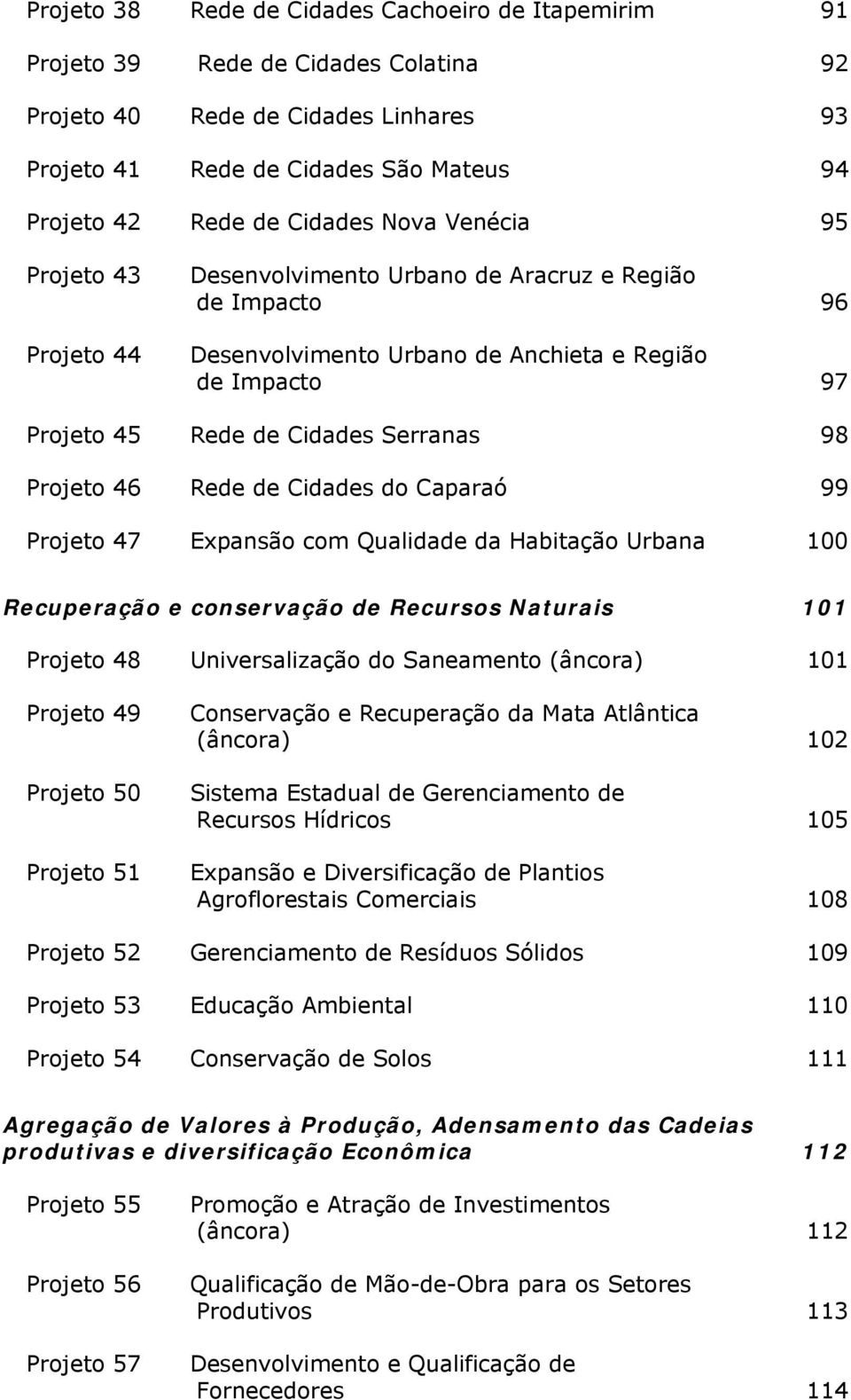 46 Rede de Cidades do Caparaó 99 Projeto 47 Expansão com Qualidade da Habitação Urbana 100 Recuperação e conservação de Recursos Naturais 101 Projeto 48 Universalização do Saneamento (âncora) 101