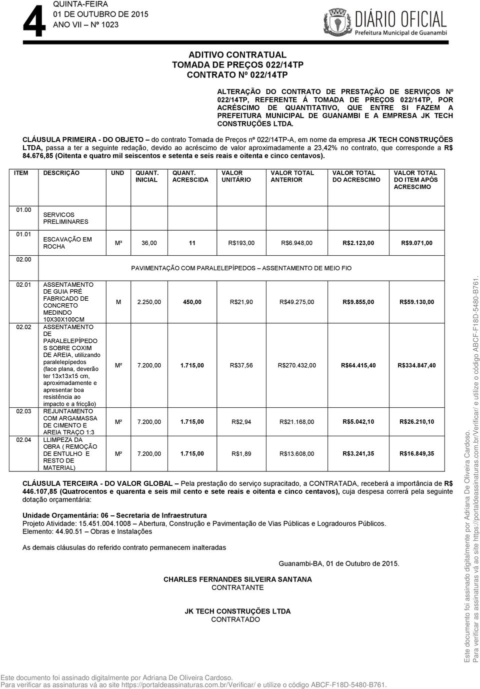 CLÁUSULA PRIMEIRA - DO OBJETO do contrato Tomada de Preços nº 022/14TP-A, em nome da empresa JK TECH CONSTRUÇÕES LTDA, passa a ter a seguinte redação, devido ao acréscimo de valor aproximadamente a